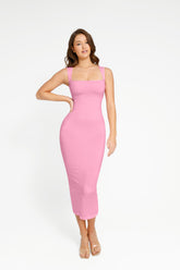 Midikleid mit quadratischem Ausschnitt - Pink